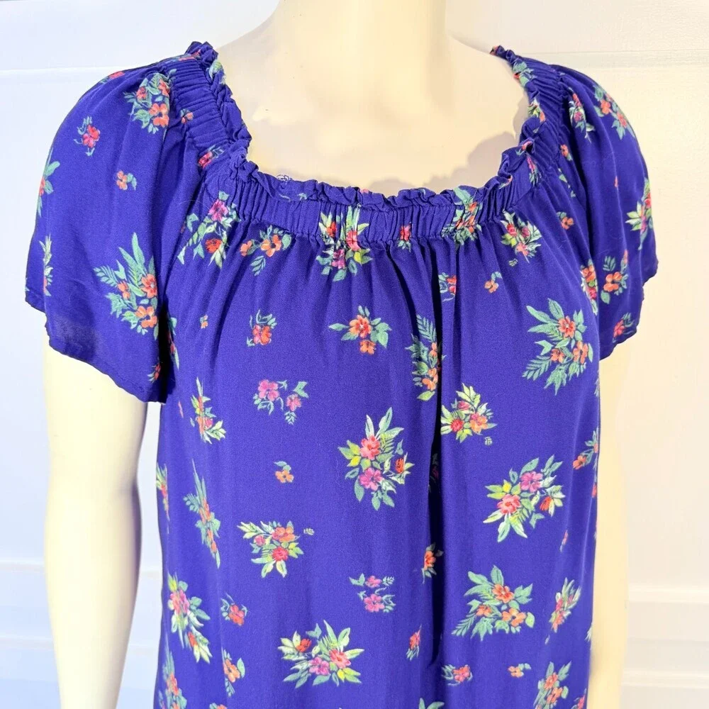 Peyton & Parker Casual Dress Size L Short Sleeve Gathered Neck Royal Blue Floral